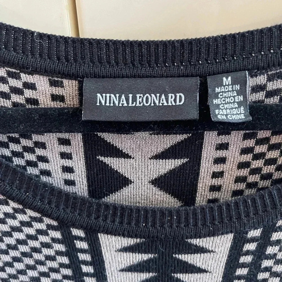 Nina Leonard Sweater Dress, Medium, Geometric, Fit & Flare, 3/4 Sleeves - Picture 3 of 8